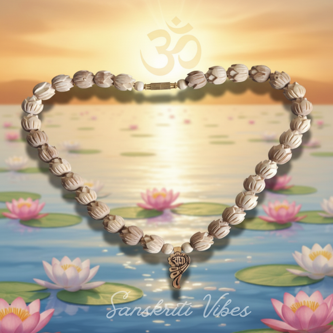 Lotus Kanthi With Radha Naam Pretty Locket – Classic Tulsi Mala for Spiritual Devotion