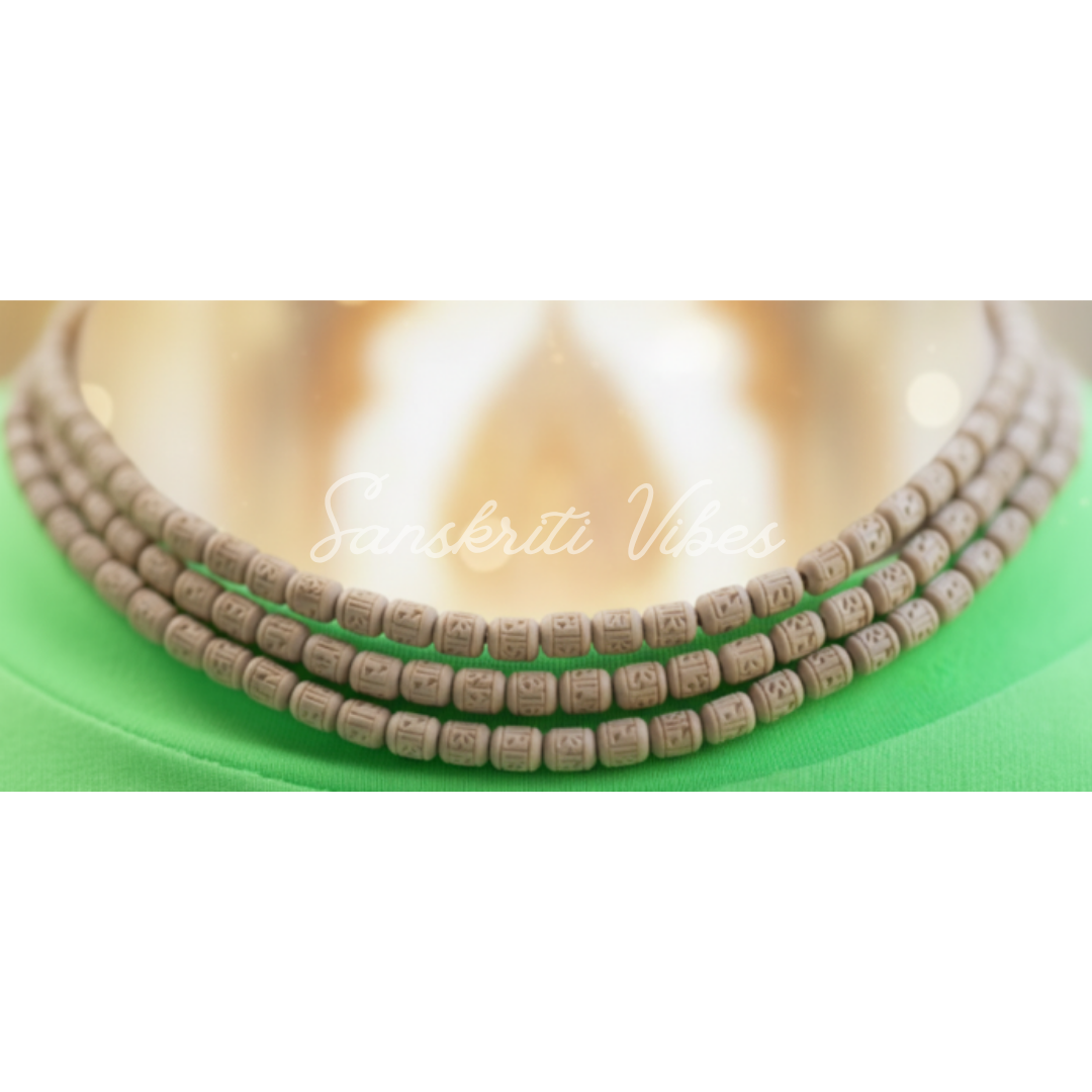Radha Tulsi Carved Naam Three Round Kanthi Mala – Super Fine Quality Tulsi Beads for Spiritual Devotion