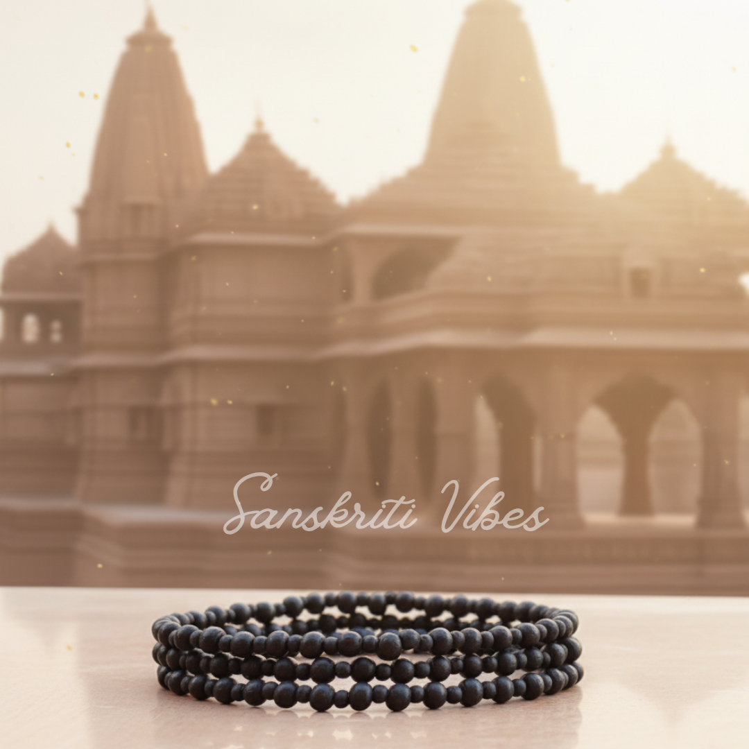 Three Round Tulsi Beads Natural Black Tulsi Kanthi Mala - Sacred Neckwear for Devotional Practices