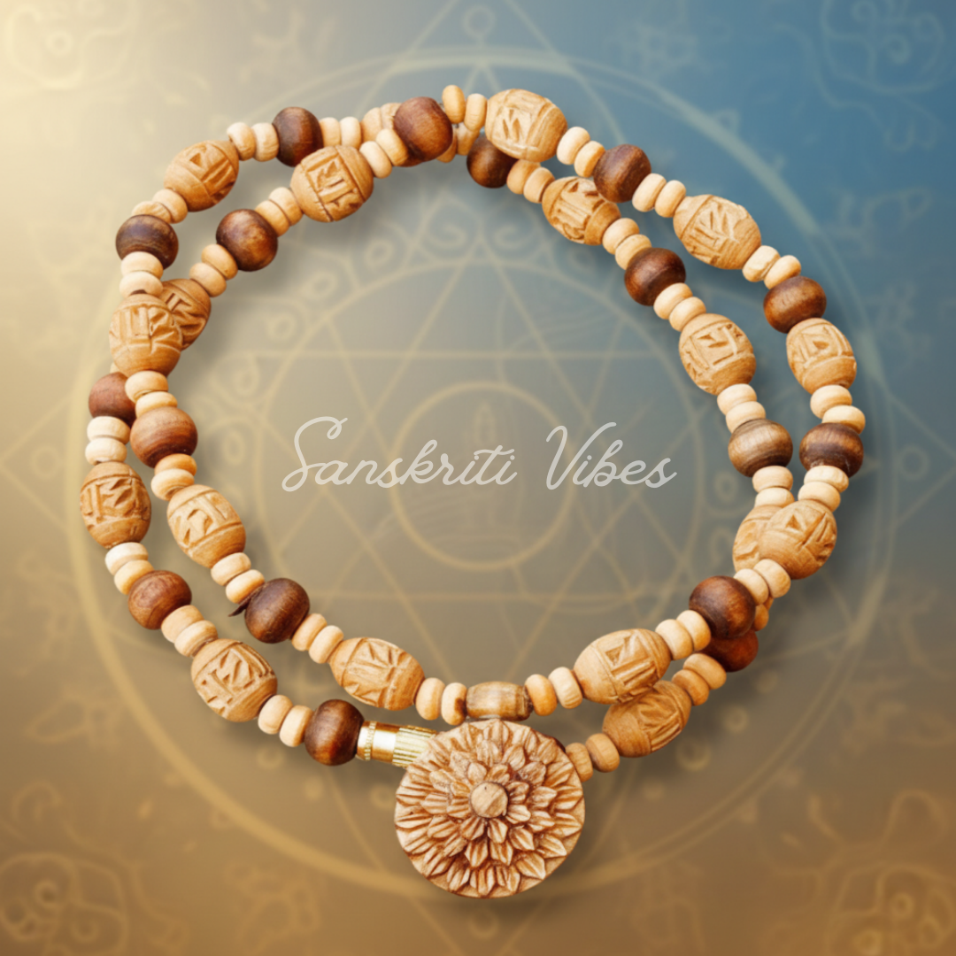 Flower Design Radha Naam Tulsi Kanthi Locket Mala – Sacred Prayer Beads for Devotion and Spiritual Connection - Retail Maharaj