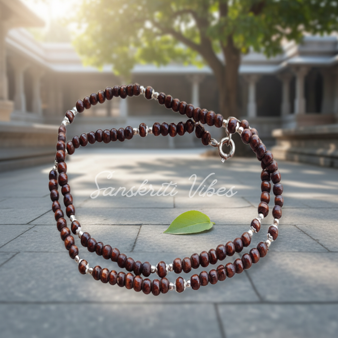 Two Round Dark Tulasi Beads Studded With Sterling Silver Beads – Vrinda Kanthi Classic Mala for Spiritual Devotion