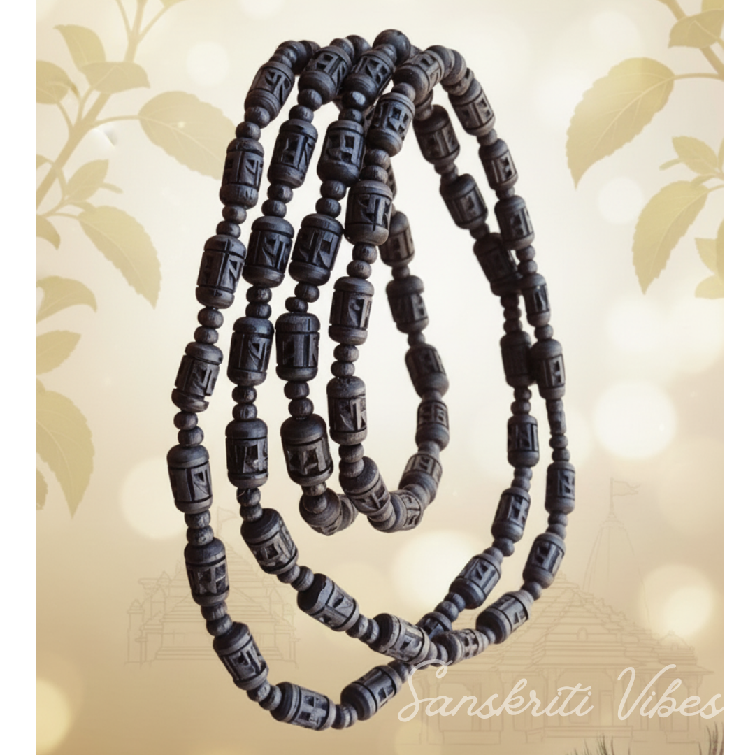 Ram Carved Black Three Round Tulsi Kanthi Mala – Sacred Mala for Spiritual Devotion