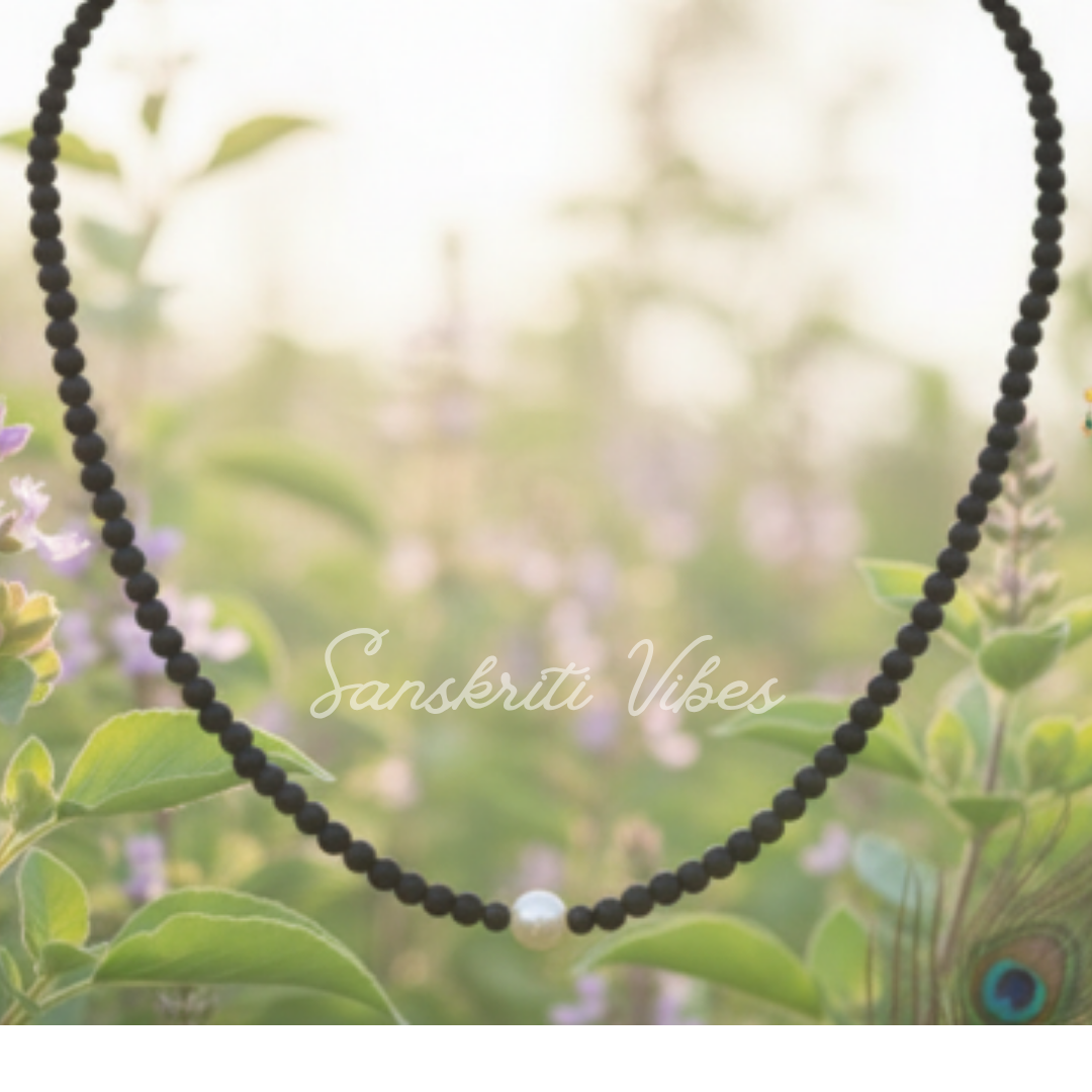 Handmade Original Tulsi Shyama Black Beads and Pearl Kanthi Mala Necklace – Elegant Spiritual Accessory