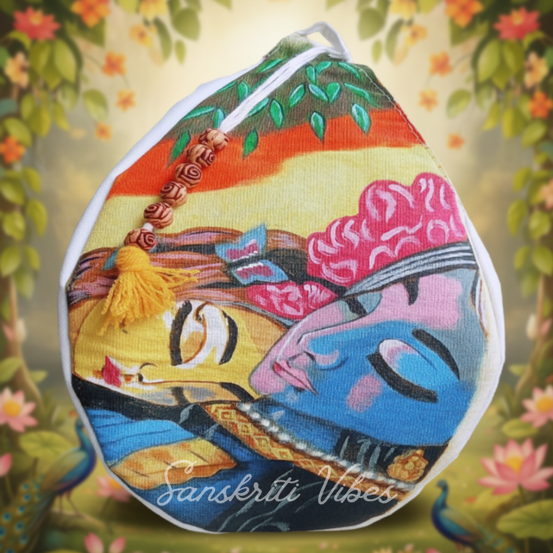 Shri Radha Krishna Lover Hand Painted Bead Bag | Cotton Japa Bag | Handcrafted Chanting & Meditation Bag