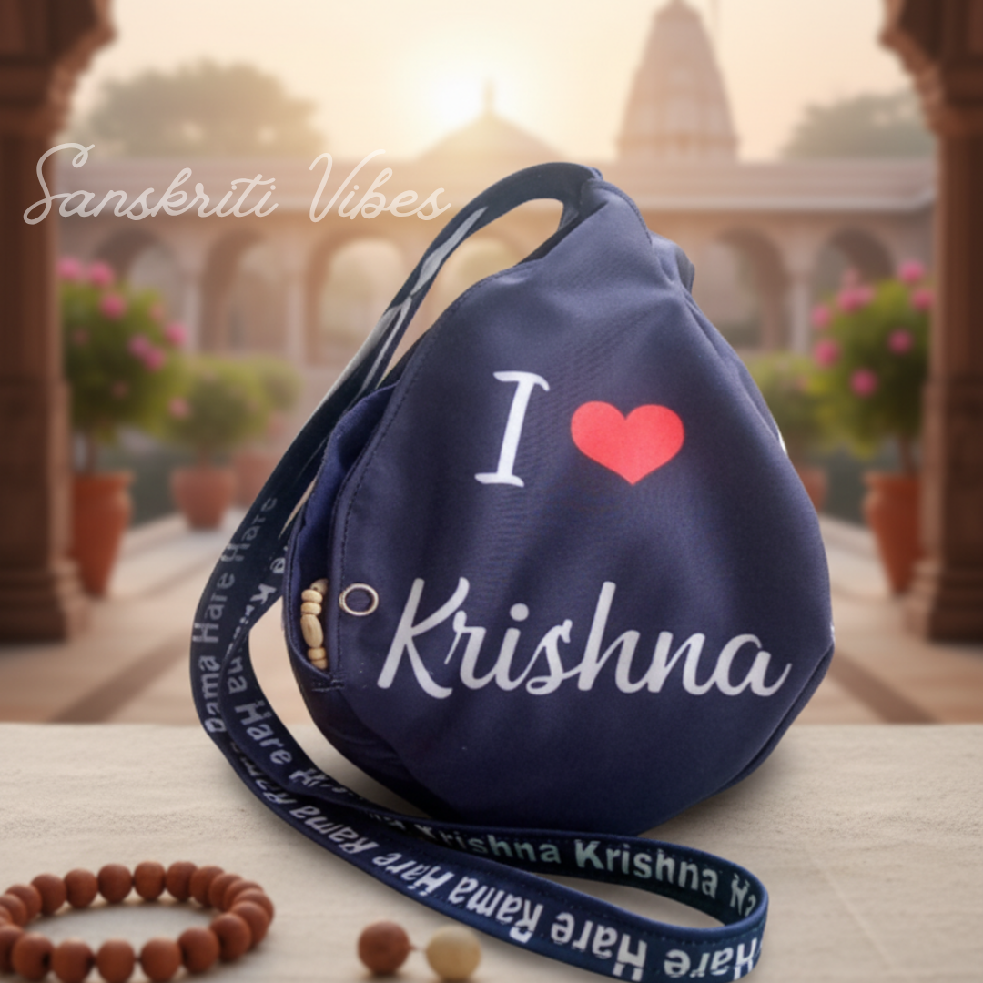I Love Radha & I Love Krishna Digital Printed Prayer Bag | Cotton-Polyester Japa Mala Bag | Handcrafted Chanting & Meditation Bag