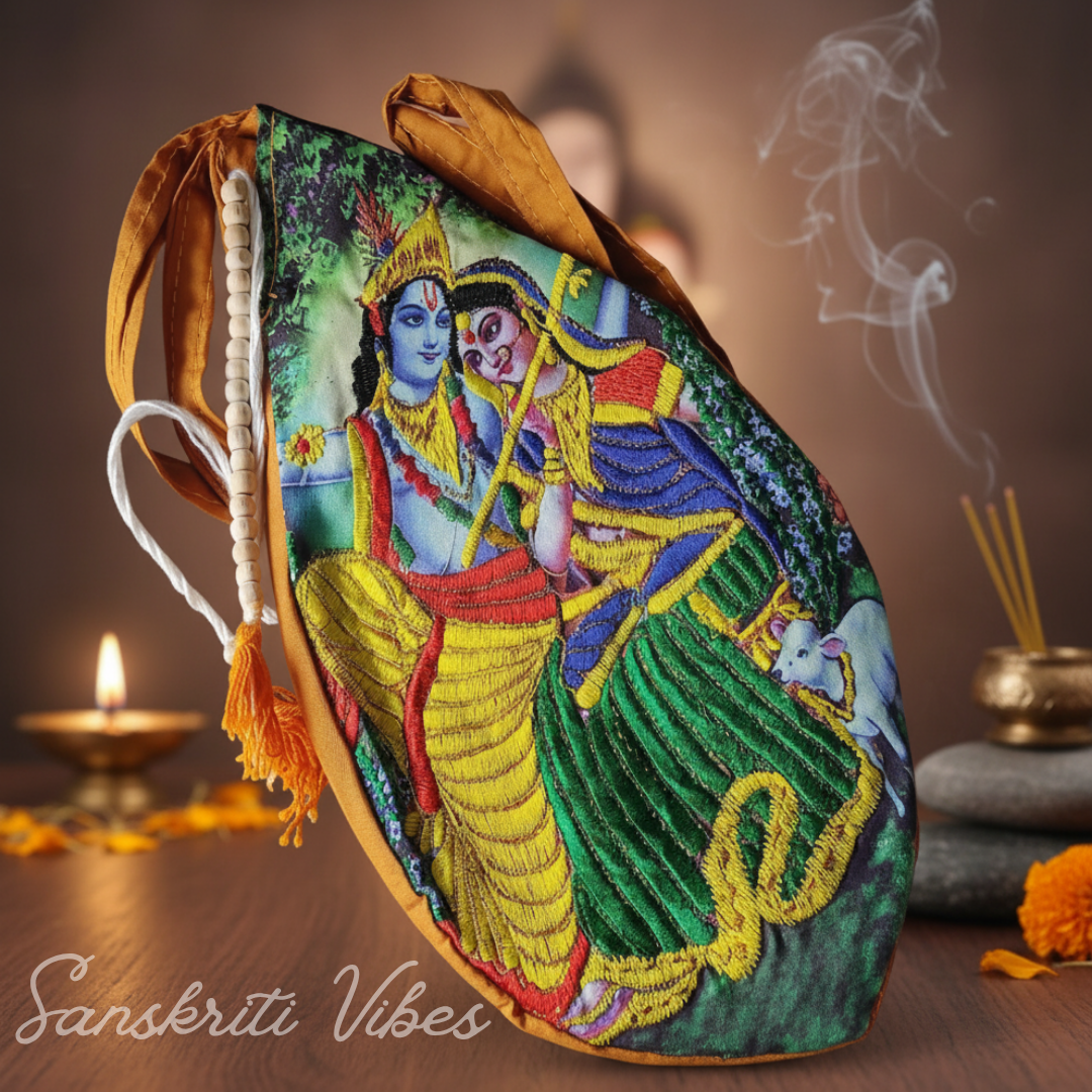 Shri Radha Krishna Embroidery Japa Bead Bag | Gomukhi Jholi | Handcrafted Chanting Bag for Meditation & Pooja