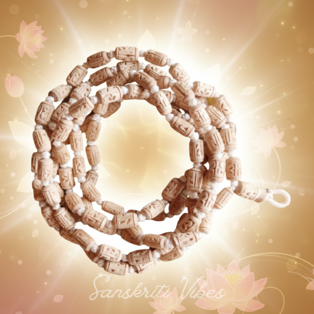 Radha Carved Cylindrical Beads Tulsi Japa Mala – 108 Beads + 1 Guru Bead | Radhe Radhe Chanting Mala - Retail Maharaj
