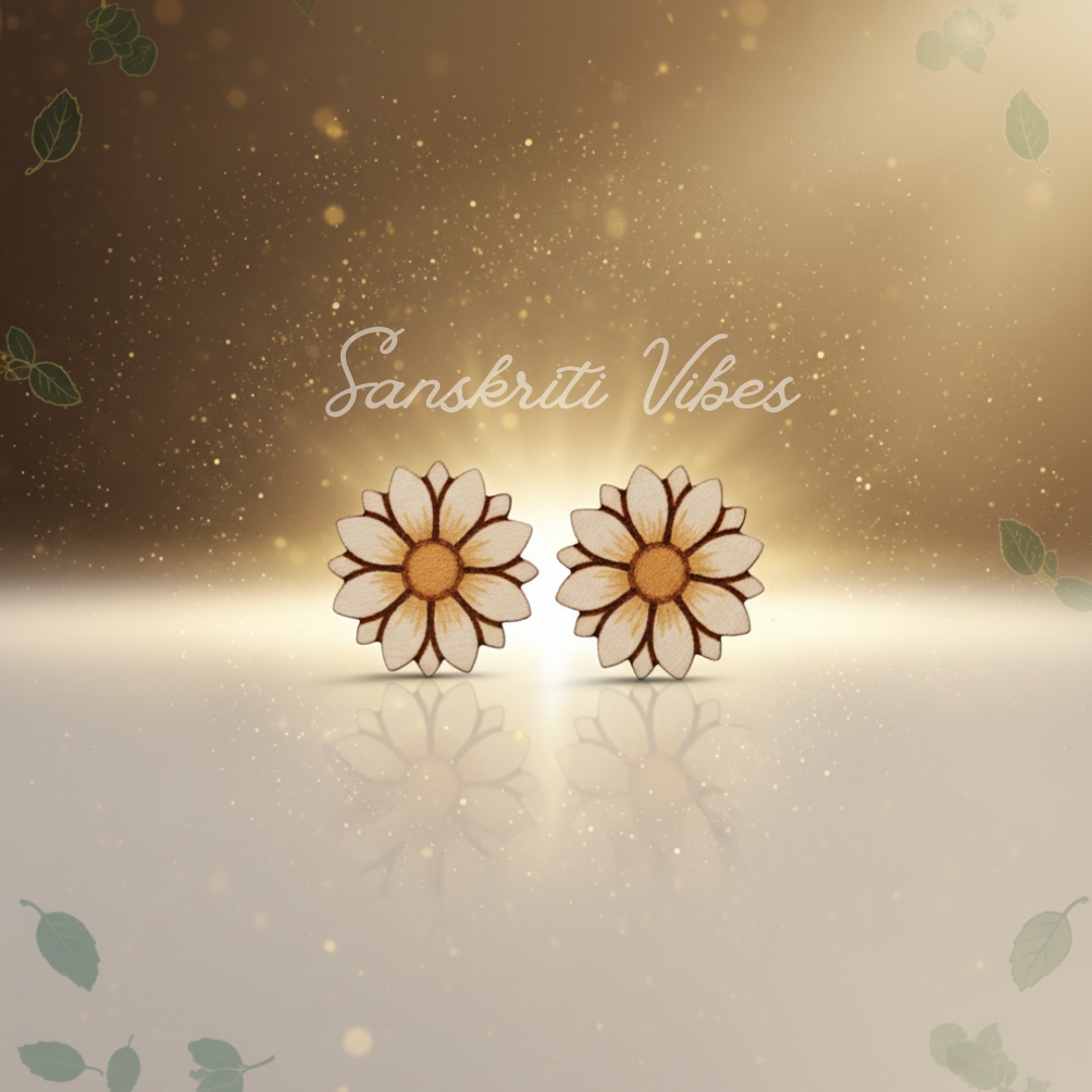 Beautiful Sunflower Flower Designed Tulsi Earring Studs – 14mm Sacred Tulsi Wood Studs for Spiritual Wear - Retail Maharaj