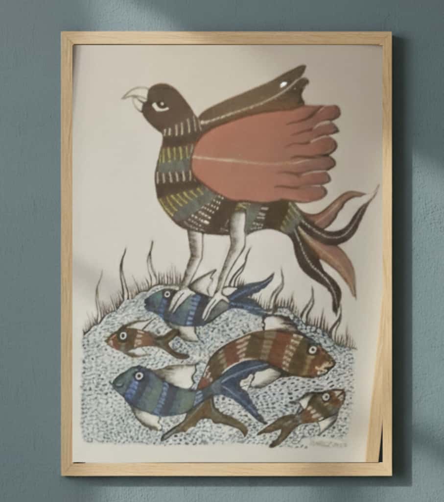 Authentic Gond Painting – Mythical Bird & Fish Scene Handmade Tribal Art (11 × 15 Inch)