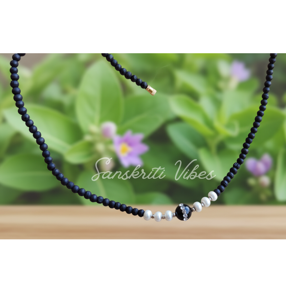 Black Stone with White Moti Tulsi Kanthi Mala | Handcrafted Spiritual Necklace for Peace, Purity and Protection
