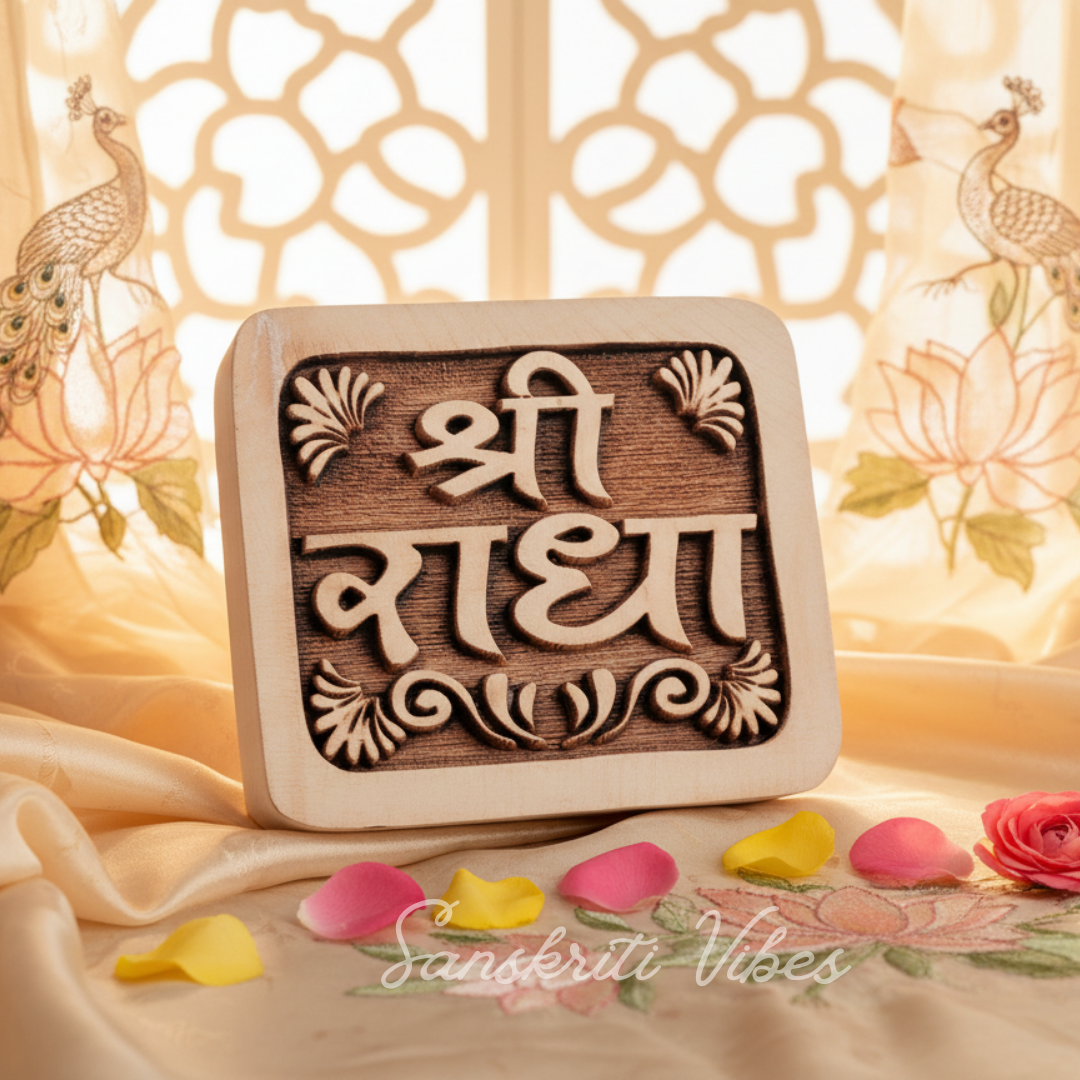 Shree Ji Radha Naam Seva Tamal Wood Idol – 4x4 Inch Handcrafted Statue for Home Temple