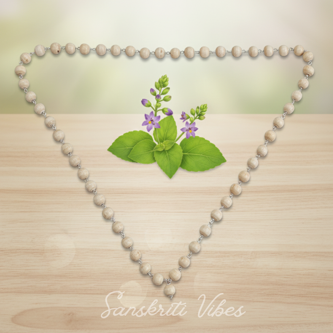 54 Beads Silver Shyama Tulsi Mala – For Neck Wear and Jap Meditation