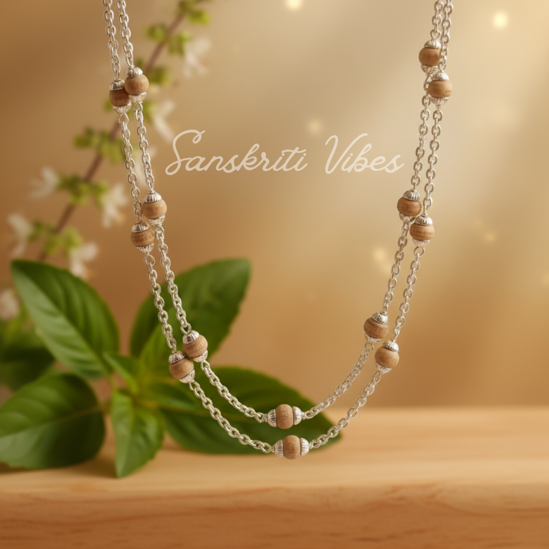 Sterling Silver & Natural Tulsi Basil Rosary Beads Chain – Handcrafted Lightweight Spiritual Necklace (5.25 gm)