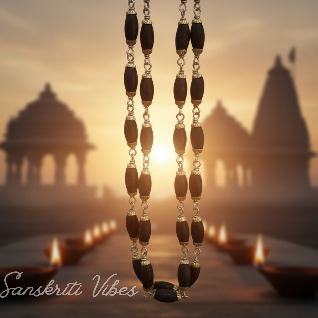 Mridang Shaped Long Dark Tulsi Beads Silver Tulsi Kanthi Mala – Handcrafted Spiritual Necklace for Meditation & Devotion