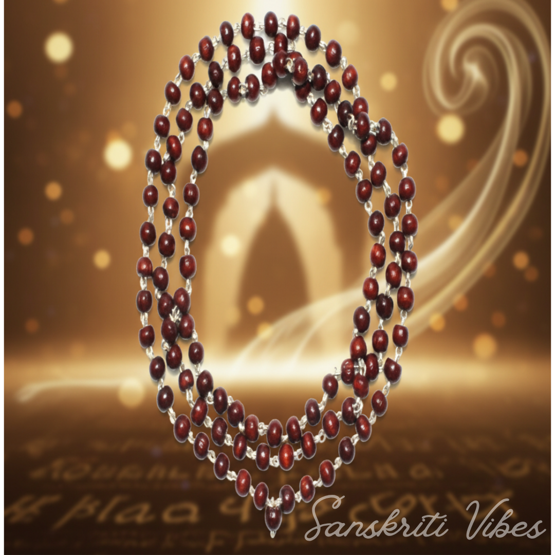 Natural Sandalwood Chandan Mala 108 plus 1 Beads Silver Work Red Sandalwood Mala for Wearing and Japa Meditation - Retail Maharaj