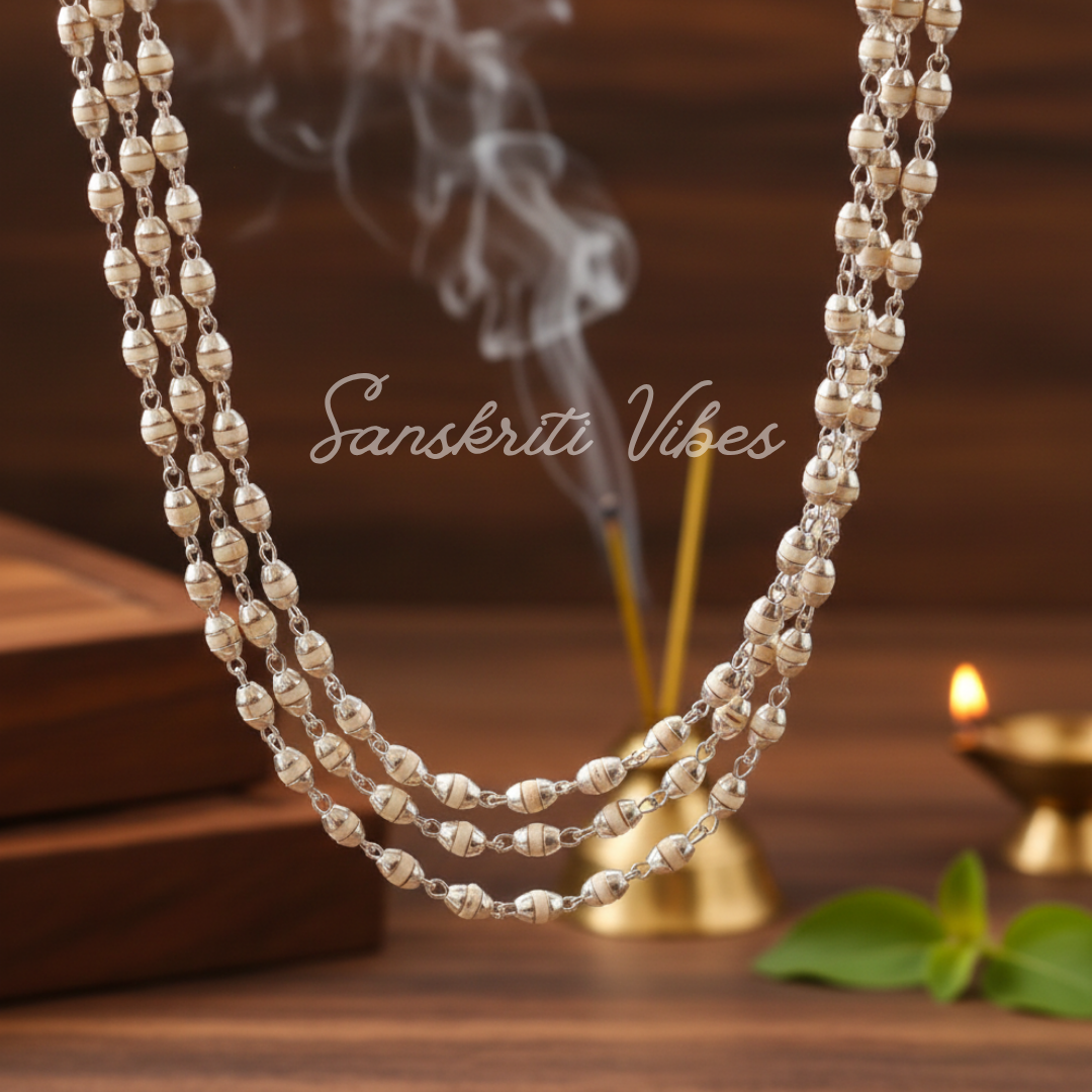 Sterling Silver & Natural Tulasi Basil Rosary Beads Chain – 24-Inch Handcrafted Spiritual Necklace (2 mm Beads, 92.5% Silver)