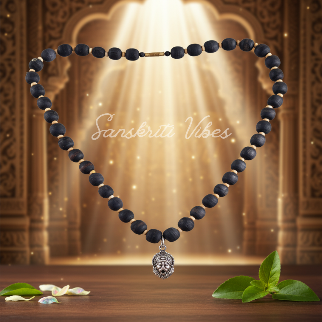 Sterling Silver Narasimha Locket Black Tulsi Kanthi Mala | Premium Handcrafted Spiritual Necklace for Devotion & Protection