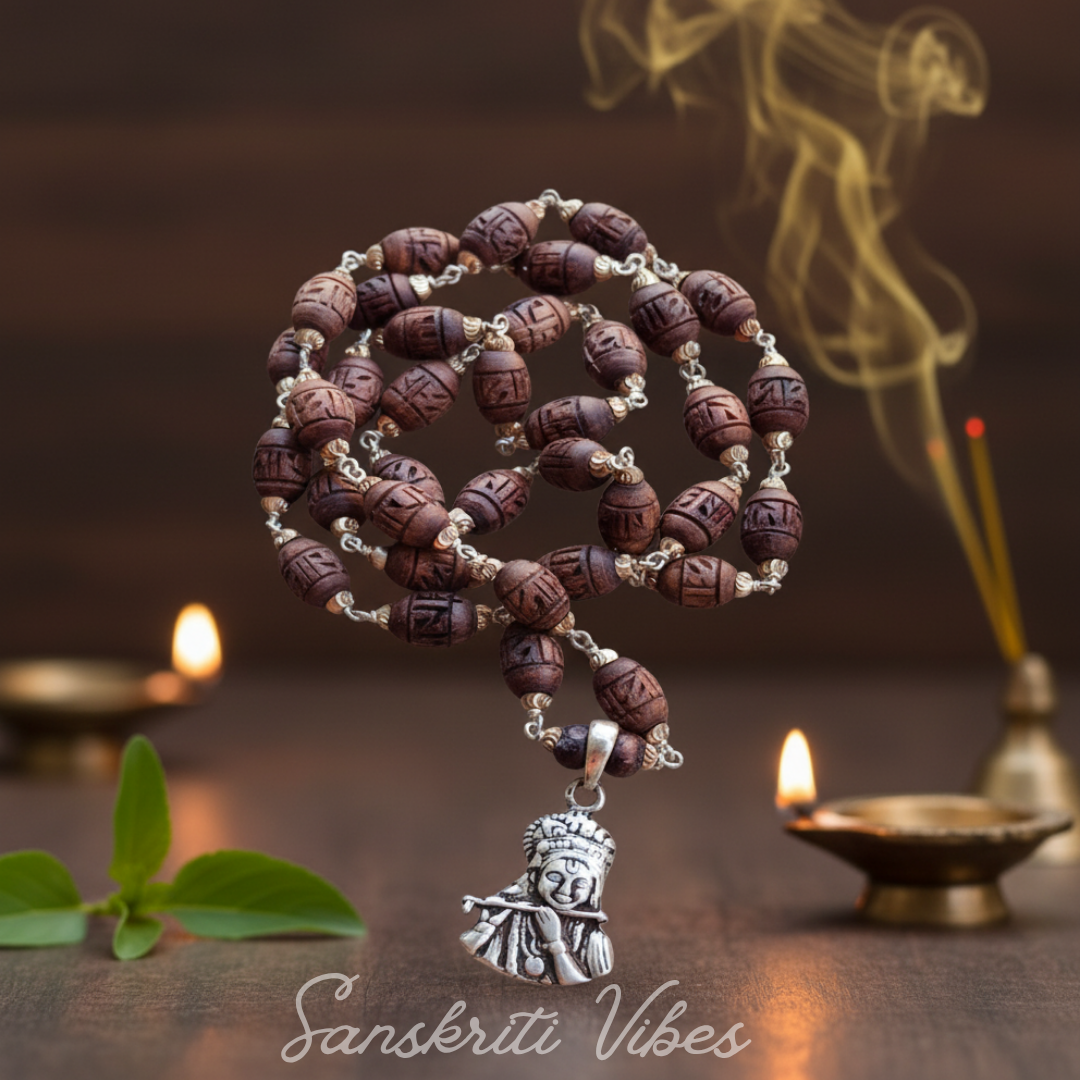 Silver Capped Shyma Tulsi Radha Carved Kanthi Mala with Sterling Silver Krishna Locket Spiritual Rosary for Devotion - Retail Maharaj