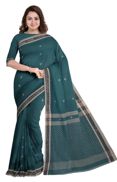 Handwoven Tangail Cotton Saree – Turquoise - Retail Maharaj