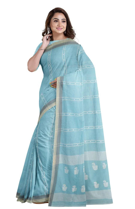 Handwoven Tangail Cotton Saree – Sky Blue - Retail Maharaj