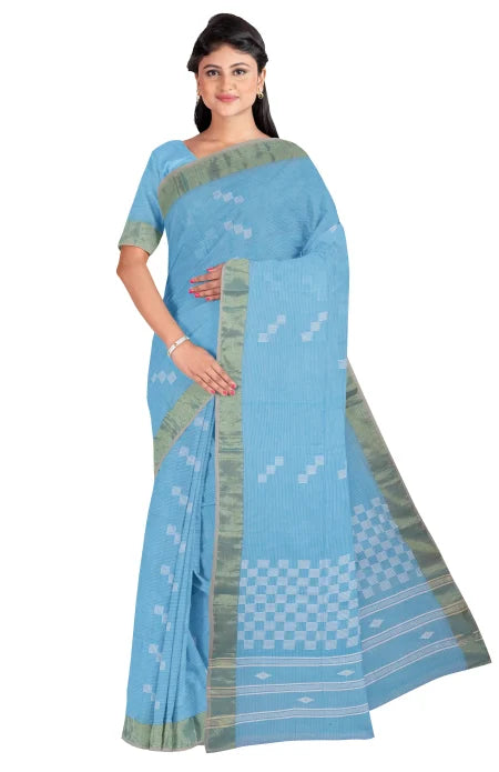 Tangail Cotton Saree – Sky Blue - Retail Maharaj