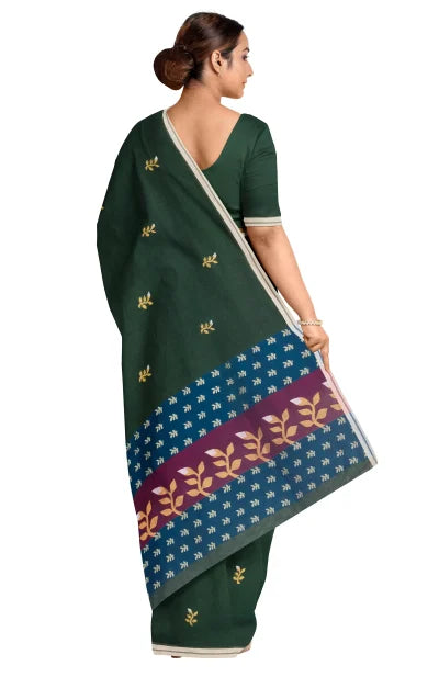 Handwoven Tangail Cotton Saree – Dark Green - Retail Maharaj