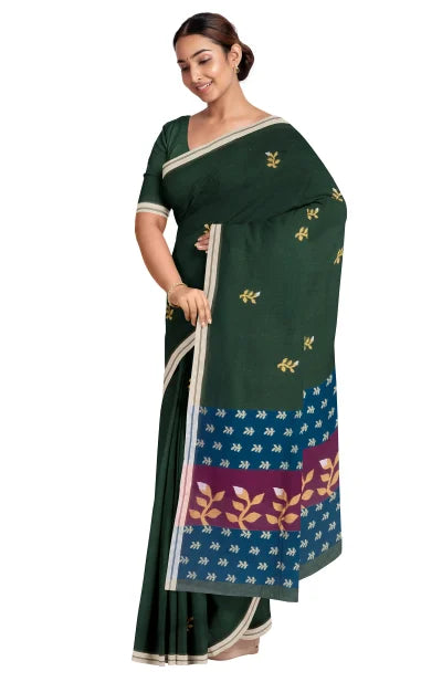 Handwoven Tangail Cotton Saree – Dark Green - Retail Maharaj