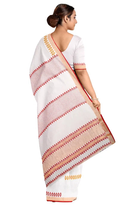 Hand Block Printed Cotton Saree – White and Red - Retail Maharaj