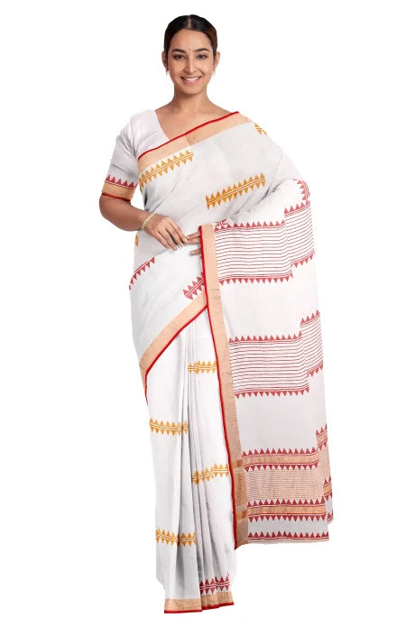 Hand Block Printed Cotton Saree – White and Red - Retail Maharaj