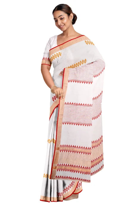Hand Block Printed Cotton Saree – White and Red - Retail Maharaj