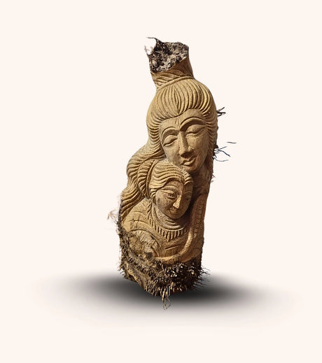 Handcrafted Root Carving – Mother & Child Sculpture | Tripura Tribal Wood Art | Eco-Friendly Rustic Decor (9x16x4 inch) - Retail Maharaj