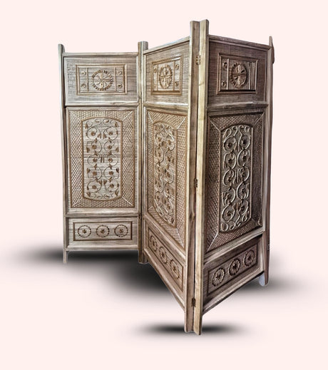 Tripura Handcrafted 4-Panel Bamboo Room Divider – Floral Carvings & Traditional Weaving - Retail Maharaj