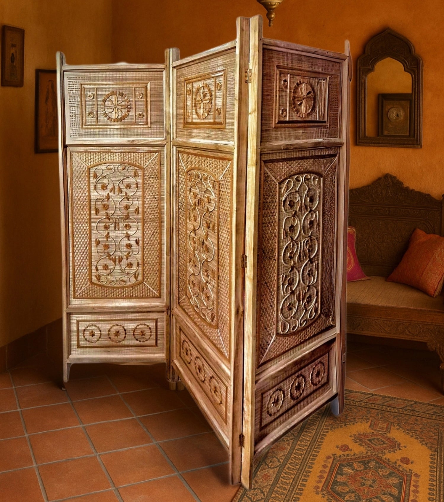 Tripura Handcrafted 4-Panel Bamboo Room Divider – Floral Carvings & Traditional Weaving - Retail Maharaj