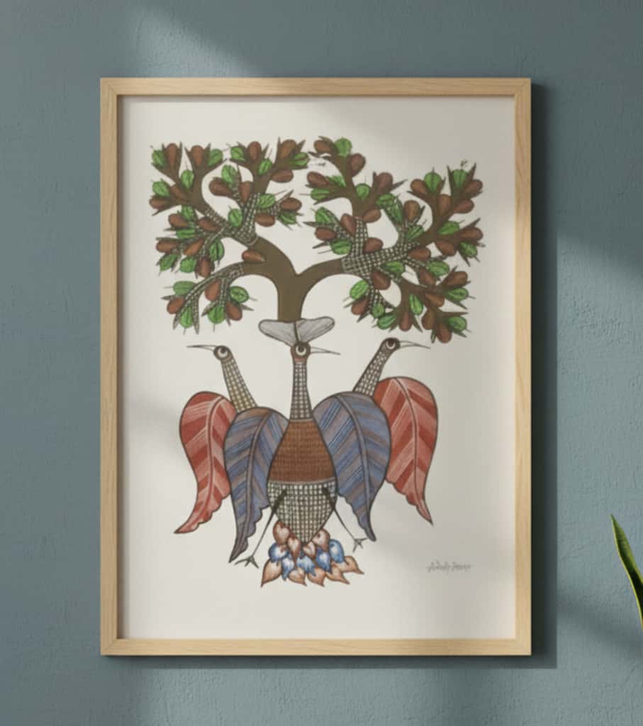 Authentic Gond Painting – Tree of Life & Birds Motif Handmade Tribal Folk Art (11 × 15 Inch)