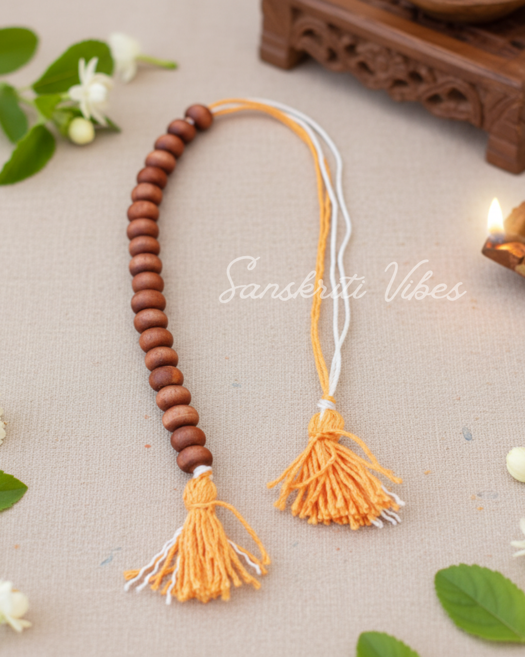 Wooden Brown Bead Sakshi Mala – 20-Bead Neem Wood Counter for Japa, Meditation, and Chanting