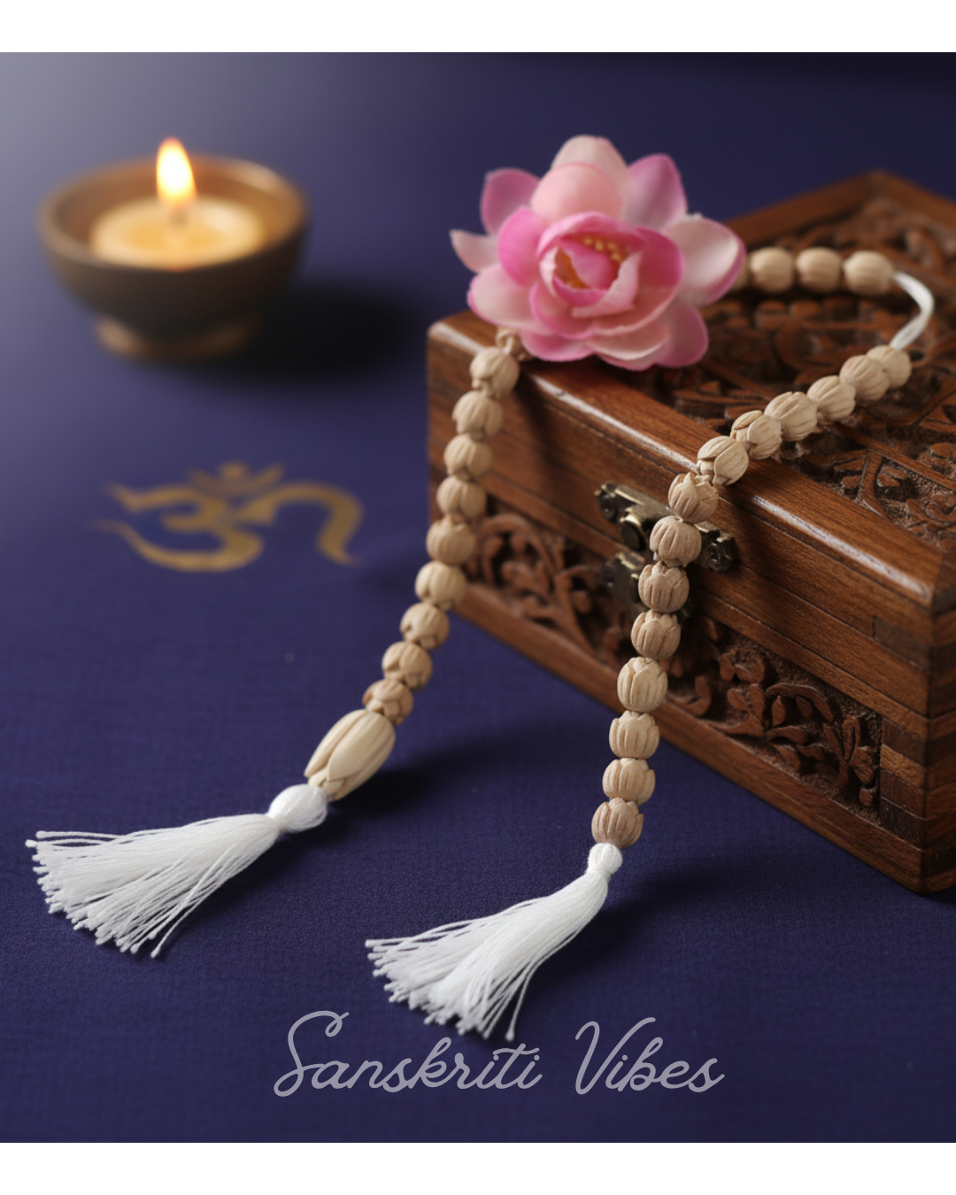 Tulsi Lotus Beads Counter Mala – 20-Bead 10mm Japa Beads for Meditation and Chanting