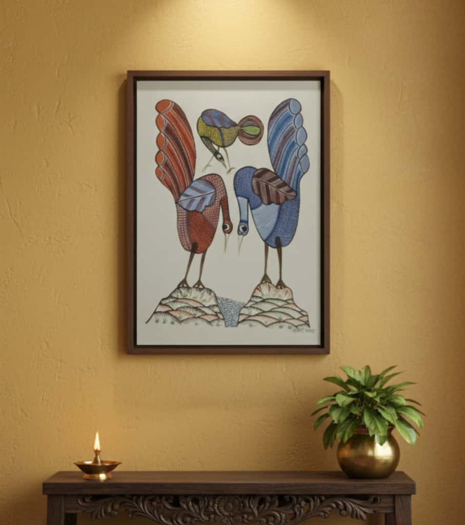 Authentic Gond Painting – Vibrant Love Birds Indian Tribal Art Handmade Folk Art (11 × 15 Inch)