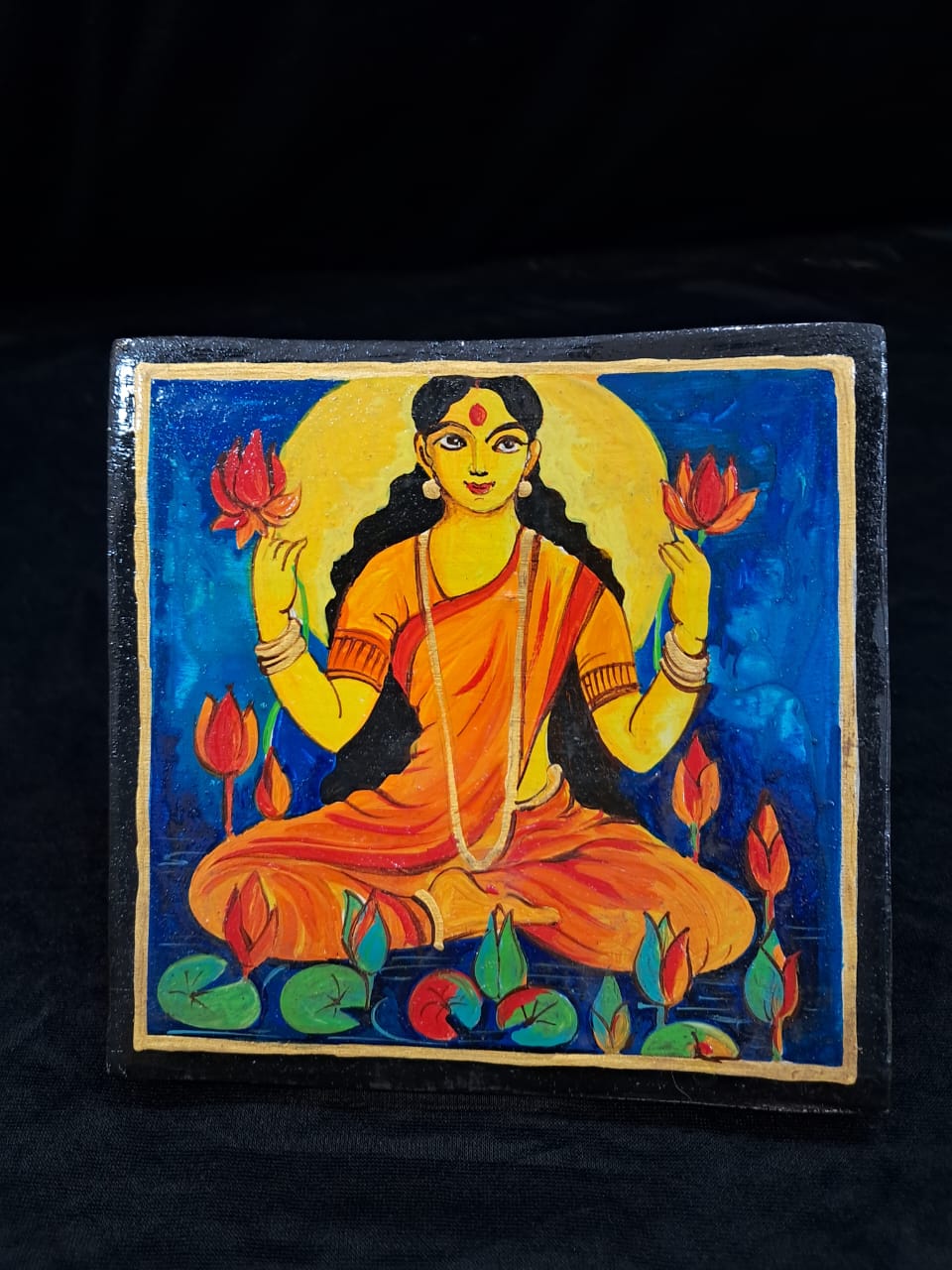 Hand-Painted Wooden Lakshmi Art Tile – “Grace of Prosperity” - Retail Maharaj
