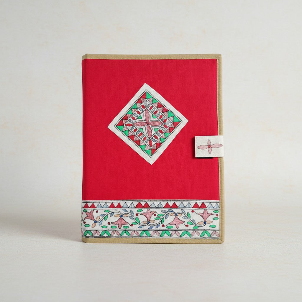 Handmade Silk File Folder with Madhubani Art | Mithila Painting Document Holder Ethnic Office Decor - Retail Maharaj
