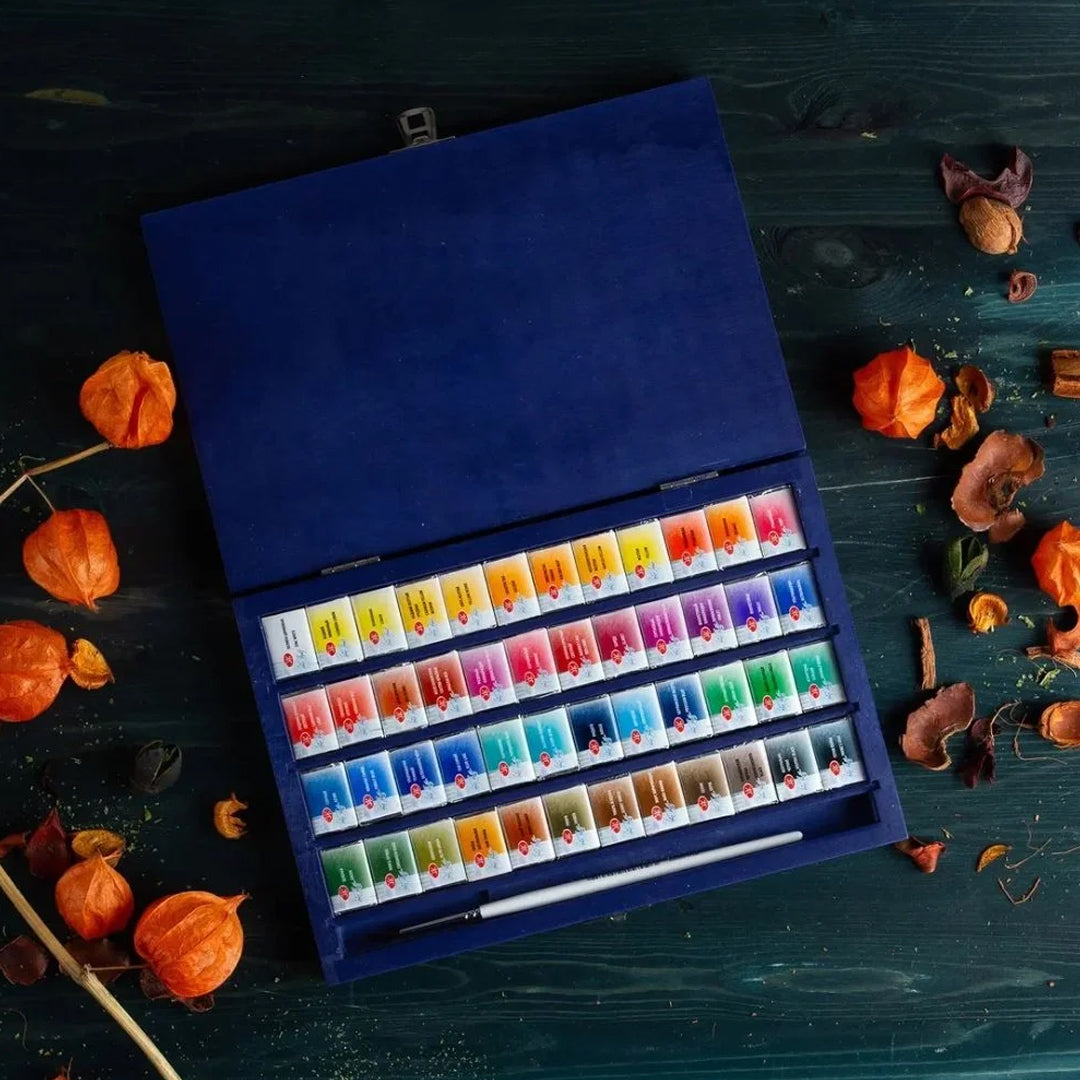 White Nights Artist Watercolour Wooden Box Set with 48 Full Pans and Brush - Retail Maharaj
