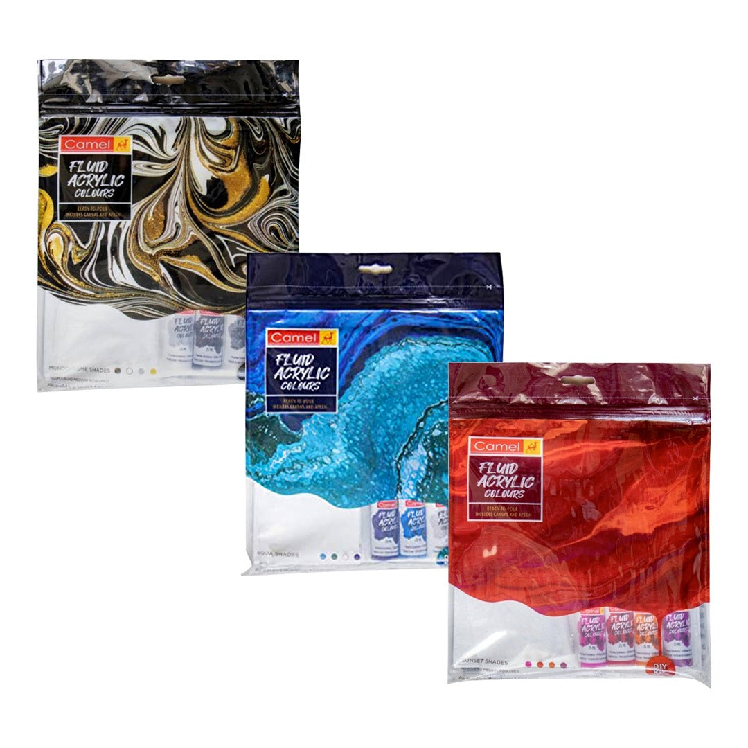 Camel Fluid Acrylic Sets Aqua Sunset Monochrome Pouring Ready Colours with Canvas Board for Easy Creative Art