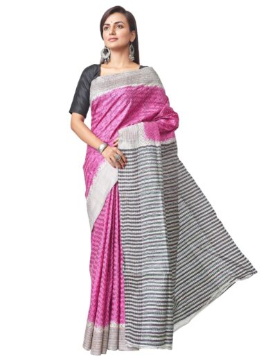 Handcrafted Kantha Silk Saree in Pink - Retail Maharaj