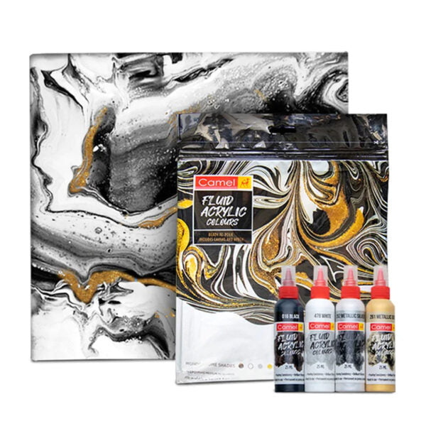 Camel Fluid Acrylic Sets Aqua Sunset Monochrome Pouring Ready Colours with Canvas Board for Easy Creative Art