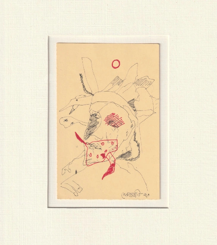 “Man and the Red Bird” by Debajyoti Roy (2023) – Pen Drawing on Postcard Paper - Retail Maharaj