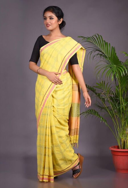 Tangail Mercerised Cotton Saree – Yellow - Retail Maharaj