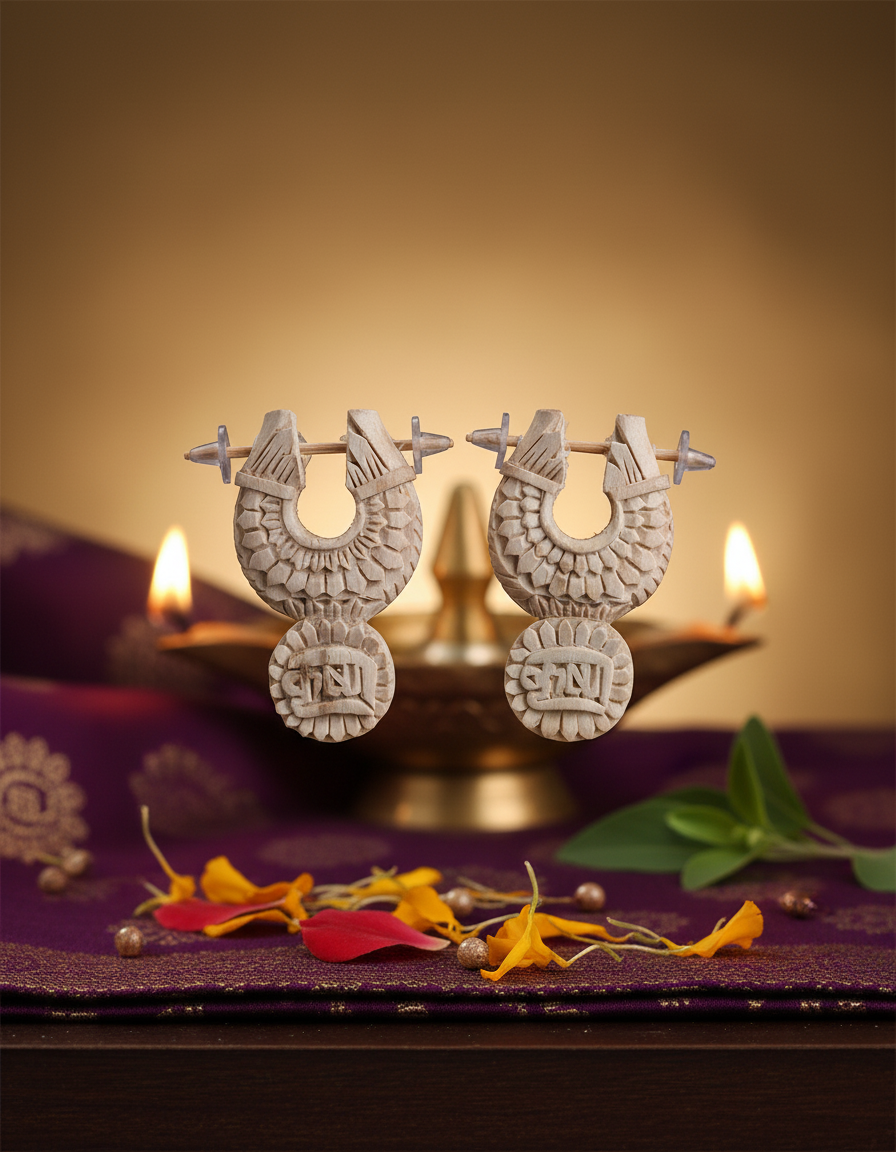 Handmade Krishna Carved Tulsi Earrings – Spiritual Jewelry for Devotees of Shri Krishna - Retail Maharaj