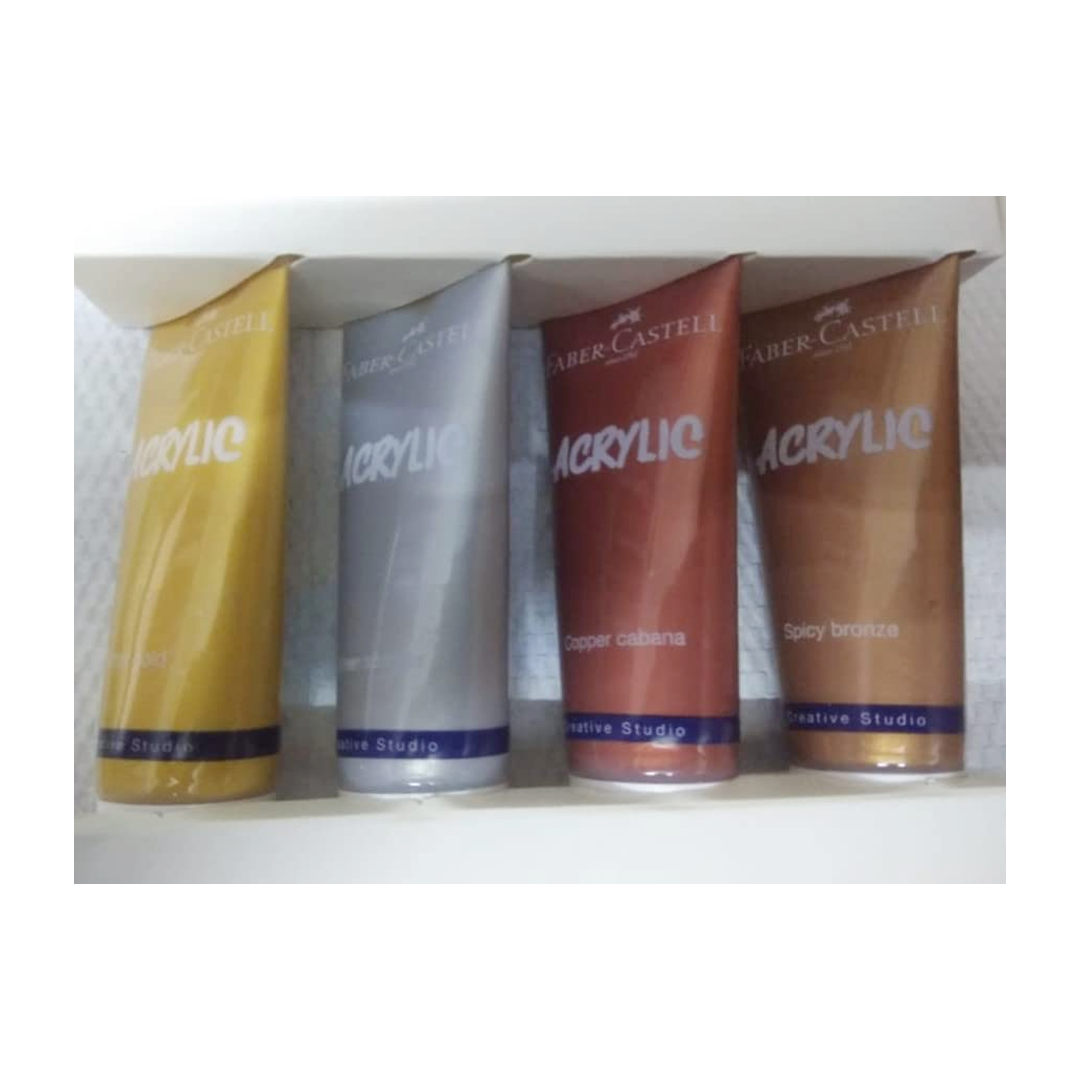 Faber Castell Creative Studio Metallic Acrylic Set of 4 Rich Glossy Metallic Paints for Canvas Wood Paper and Craft