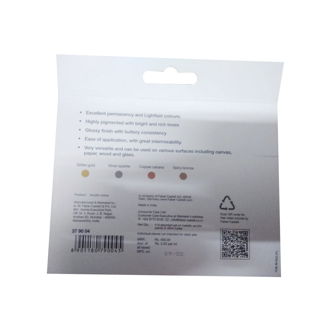 Faber Castell Creative Studio Metallic Acrylic Set of 4 Rich Glossy Metallic Paints for Canvas Wood Paper and Craft