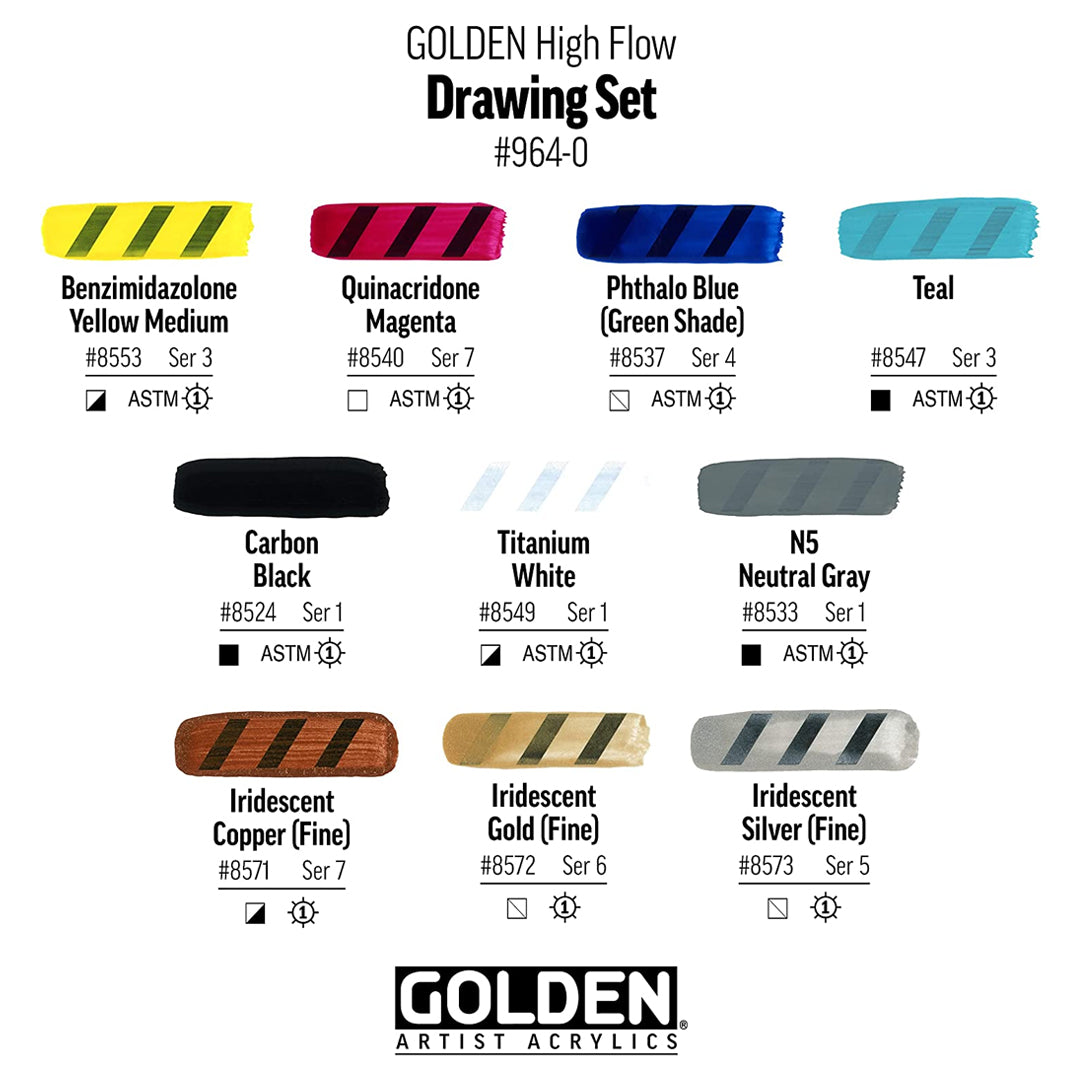 Golden High Flow Acrylic Drawing Set of 10 Professional Fluid Acrylic Paint Set for Artists