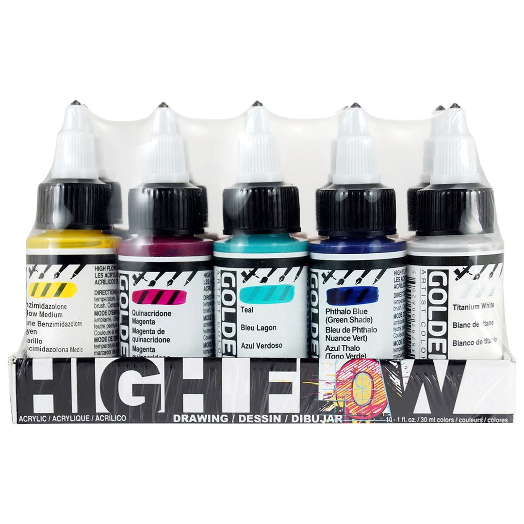 Golden High Flow Acrylic Drawing Set of 10 Professional Fluid Colors 30ml